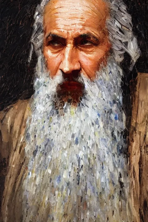 Image similar to highly detailed palette knife oil painting of a historically accurate depiction of the ancient biblical israeli prophet moses, thoughtful, by Peter Lindbergh, impressionistic brush strokes, painterly brushwork