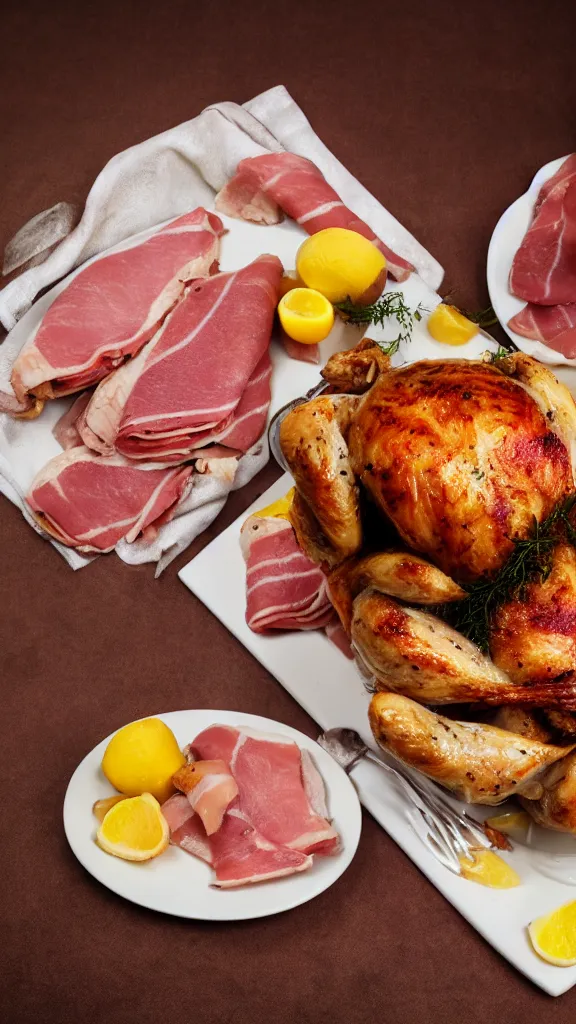 Image similar to 6 0 s food photography of a roast chicken covered entirely in mayonnaise, served with slice of ham on top, on a velvet table cloth, soft focus