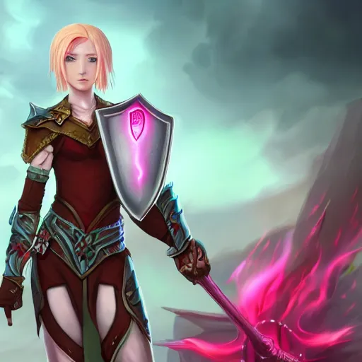 Prompt: beautiful, pink short haired, half elf woman, healer wearing cleric clothing and holding a shield, dungeons and dragons, character portrait, full face render, crimson eye color, illustration drawing, cell shaded, anime style 4 k, 8 k, hyper detailed, back lighting