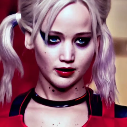 Prompt: Jennifer Lawrence as Harley Quinn, Cinematography by Roger Deakins