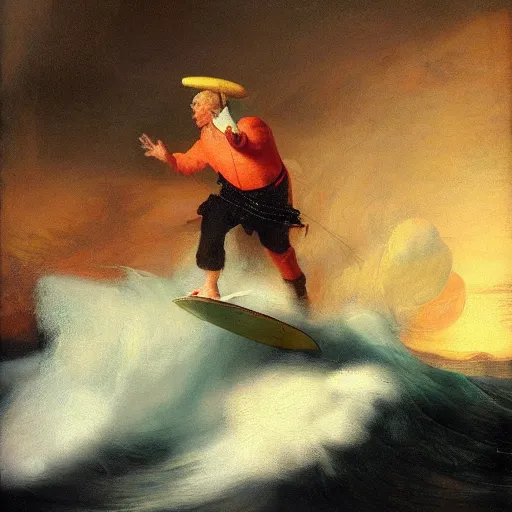 Prompt: Donald Trump with a melon hat surfboarding a tsunami, Rembrandt painting, intricate detail, natural lighting