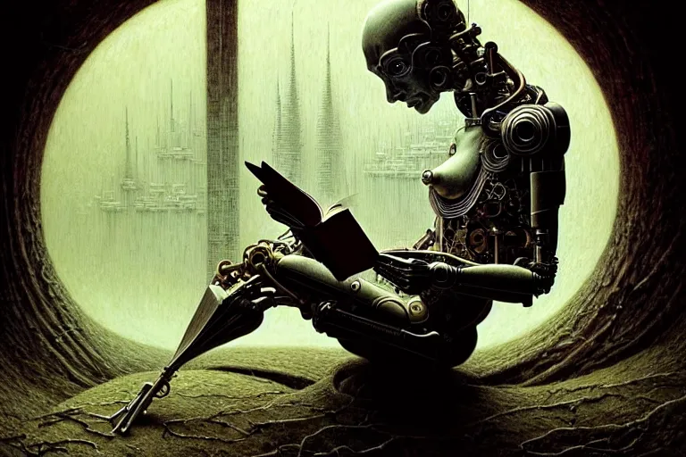 Prompt: a cyborg reading an old book, fantasy, post apocalypse, intricate, elegant, dramatic lighting, highly detailed, lifelike, photorealistic, digital painting, artstation, concept art, smooth, sharp focus, illustration, art by beksinski and john blanche and paul dainton and albert aublet and artem demura and alphonse mucha