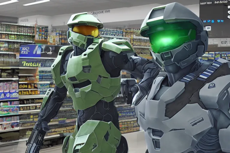 Image similar to halo master chief robbing a walmart, cctv footage, high angle, photorealistic, 8 k