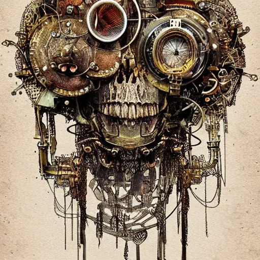 Image similar to firefly sentient robot covered in filigree, skull, steampunk, digital art, concept art, bokeh, intricate, watercolor, high contrast