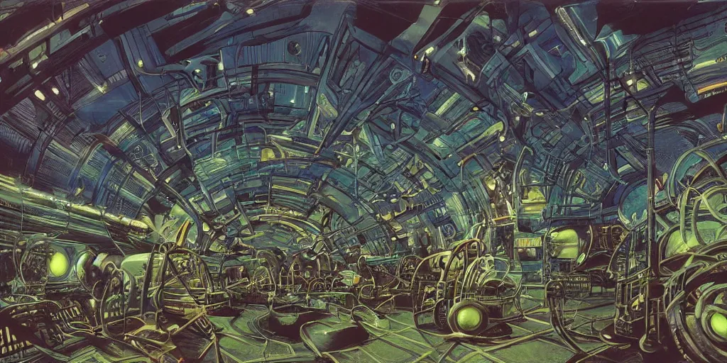 Image similar to wide shot, interior of an alien spaceship, futuristic, surrealism, sci - fi, heavy machinery, humanoids working, neon tubes crepuscular rays, ray tracing, by patrick woodroffe and mike worrall