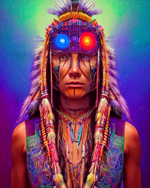 Image similar to colorful portrait of a futuristic native american indigenous hippie with cybernetics | highly detailed | very intricate | symmetrical | professional model | cinematic lighting | award - winning | painted by rossdraws and wlop and artgerm | pan futurism, dystopian, bold psychedelic colors, cyberpunk, anime aesthestic | featured on artstation