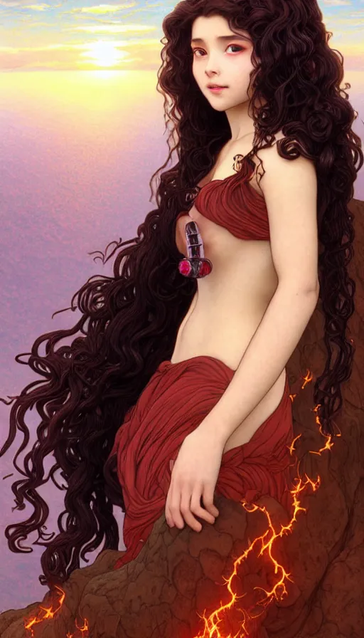 Image similar to a beautiful young girl, goddess of darkness surrounded by lava cliffs and rubies, with long curly hair, perfectly proportioned face, brown eyes, sweet smile, strong jawline,, natural lighting, path traced, highly detailed, high quality, cartoon, digital painting, by new haicheng and h. r. giger and studio ghibli and alphonse mucha