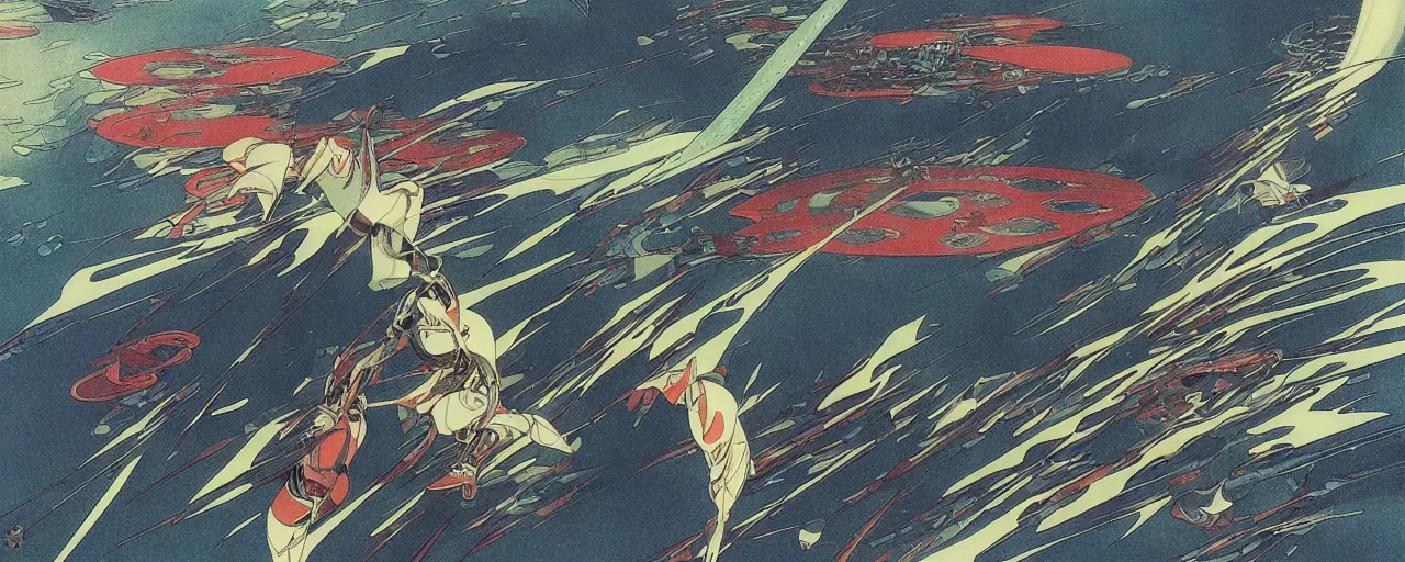 Image similar to seastorm at night in the center of a futuristic sci-fi asian city, blade runned color palette, by Yasunari Ikenaga, Yamato, Macross, Mucha