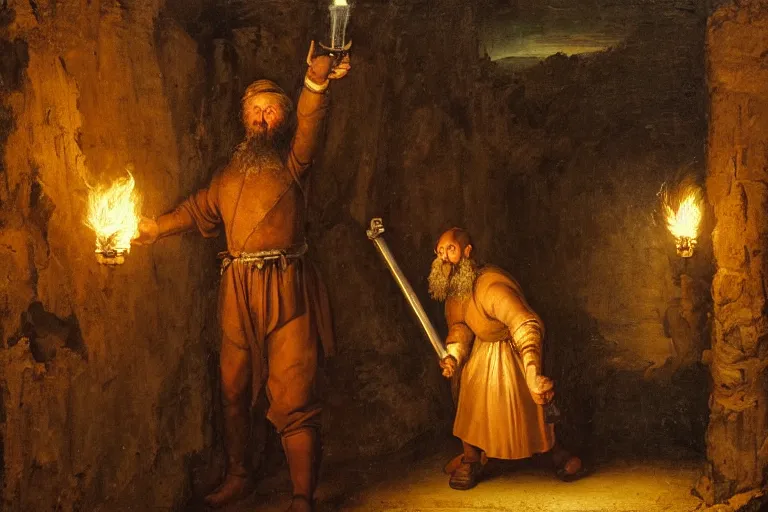 Image similar to a bearded man holds a torch and explores a Dungeon, luminous, Renaissance Painting