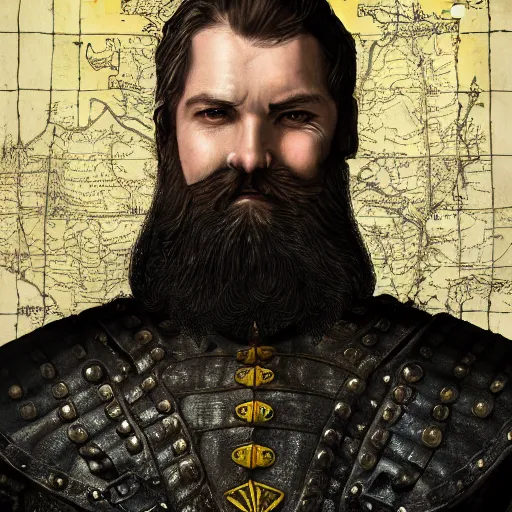 Prompt: Closeup of frustrated male medieval sergeant with a {short} beard wearing a {black!!!! and yellow tabard} over a steel breastplate and a black gambeson looking up from a map on a table, intricate, dramatic lighting illustration by Greg Rutkowski, {perfect face}, {perfect eyes}, ArtStation, digital art, fantasy