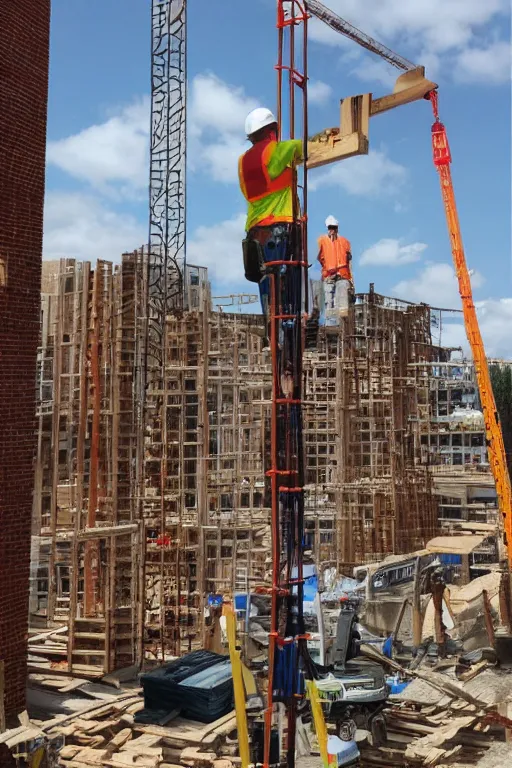 Image similar to towering giant helping tiny construction workers build a building. brick by brick, stone by stone.