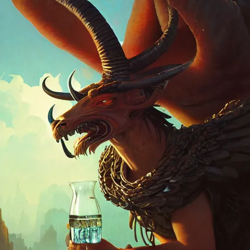 Prompt: highly detailed painting of baphomet drinking beer, unreal engine, fantasy art by greg rutkowski, loish, rhads, ferdinand knab, makoto shinkai and lois van baarle, ilya kuvshinov, rossdraws, tom bagshaw, alphonse mucha, global illumination, radiant light, detailed and intricate environment