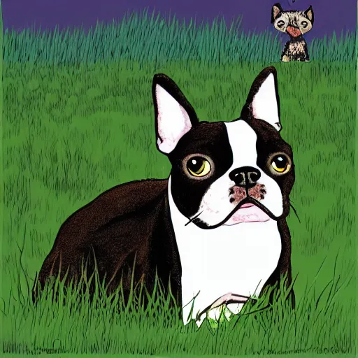 Prompt: a boston terrier and a cat sitting in grass, digital art, graphic novel