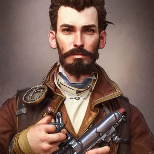 Image similar to vintage portrait of a western steampunk male holding a gun, highly detailed, digital painting, art by Stanley Lau and Artgerm and magali villeneuve and Alphonse Mucha, artstation, octane render, cgsociety