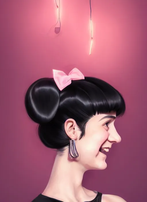 Image similar to portrait of high school girl, realistic, black hair, bangs, half updo hairstyle, pointy nose, skinny, smile, ugly, defined jawline, big chin, pink hair bow, earrings, intricate, elegant, glowing lights, highly detailed, digital painting, artstation, sharp focus, illustration, art by wlop, mars ravelo and greg rutkowski