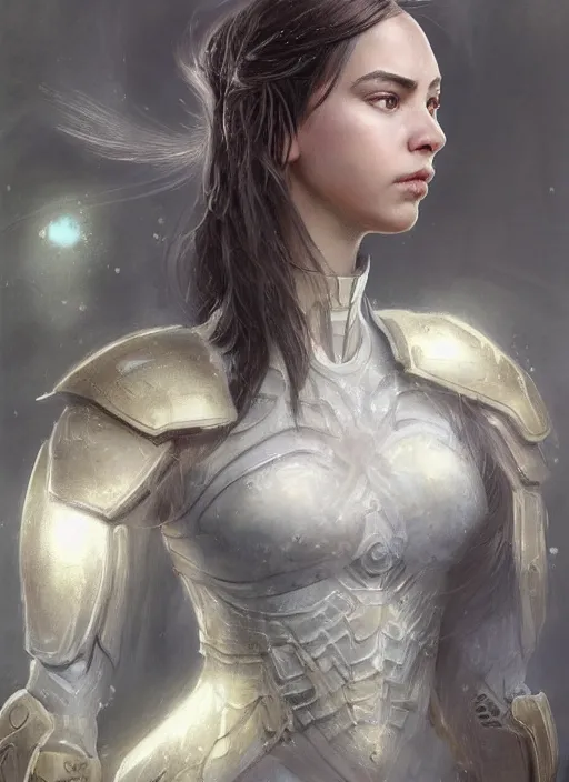 Image similar to a professional portrait of a beautiful young female, clothed in ethereal battle armor, olive skin, long dark hair, beautiful bone structure, symmetrical facial features, intricate, elegant, digital painting, concept art, smooth, sharp focus, finely detailed, illustration, from Valerian and the City of a Thousand Planets, in the style of Ruan Jia and Mandy Jurgens and Artgerm and Greg Rutkowski and William-Adolphe Bouguerea