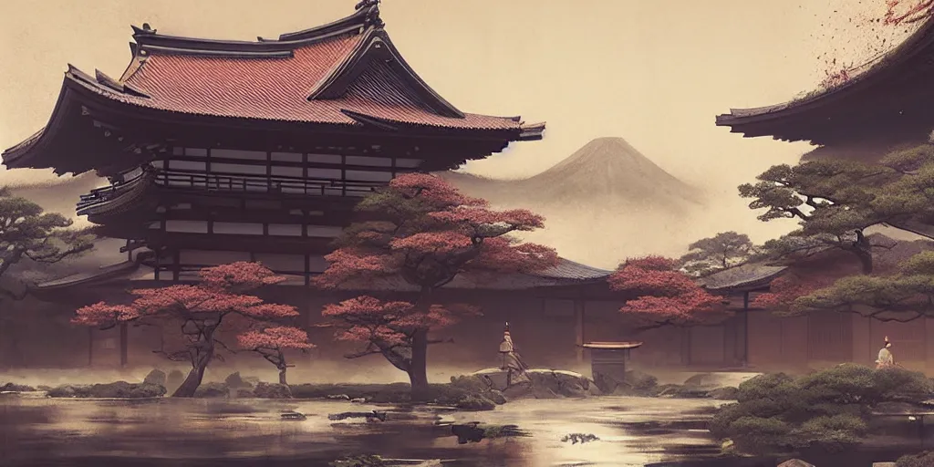 Image similar to a beautiful japanese temple, samurai riding horse, a fantasy digital painting by greg rutkowski