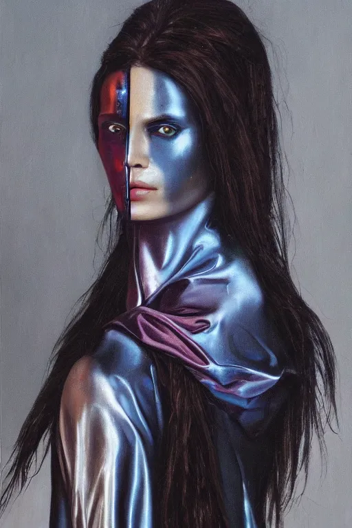 Image similar to hyperrealism oil painting, close - up portrait of european medieval brunette vampire fashion model, knight, steel gradient mixed with nebula sky, in style of baroque