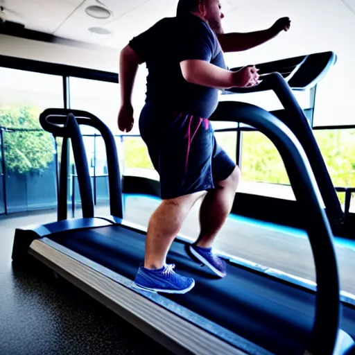 Prompt: a fat man running on a treadmill heavily sweating