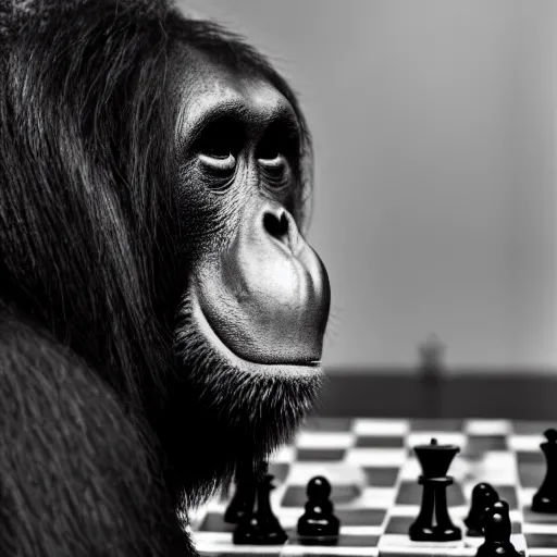 Image similar to black and white portrait photo of an orangutang eating a chess piece,