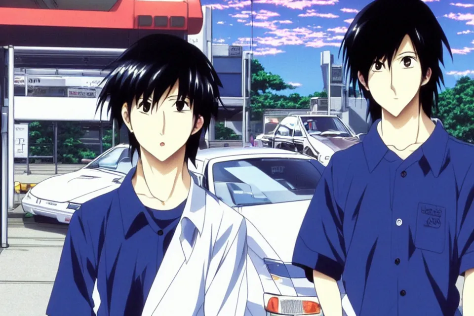 Prompt: very serious ryosuke takahashi with black hair wearing a dark blue shirt and white pants stands alone leaning on his white mazda rx 7 on an empty gas station, initial d anime screenshot, initial d anime 1 0 8 0 p, detailed anime face, high detail, 9 0 s anime aesthetic, volumetric lights, art by studio comet, pinterest wallpaper,