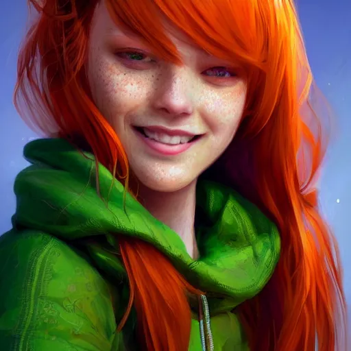 Image similar to close up portrait of a beautiful smiling girl with orange hair and freckles, green eyes, happy intricate, elegant. highly detailed, digital painting, artstation, concept art, smooth, sharp, focus, illustration. background is purple, art by artgerm and Ross Tran