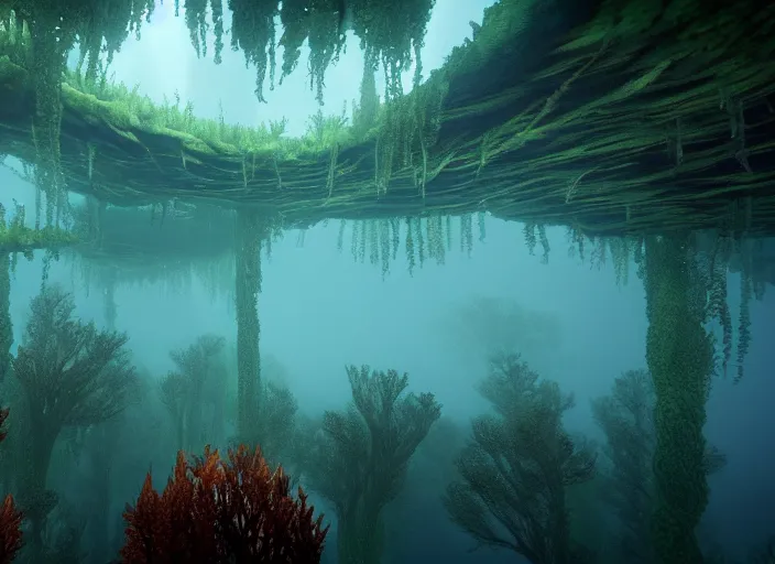 Prompt: a forest that grows upside down entirely underwater. Intricate. Very detailed 8k. Fantasy horror. Sharp. Cinematic post-processing. Unreal engine. Nanite. Ray tracing. Parallax. Tessellation