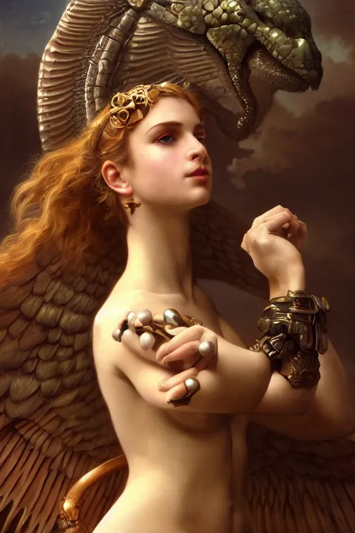 Image similar to Mystical Valkyrie, Portrait of a beautiful female Reptilian warrior, Regal, Realistic, Refined, Detailed Digital Art, Oil Painting, William-Adolphe Bouguereau, Art Frahm, Esao Andrews, Steampunk, Walt Disney (1937), Highly Detailed, Cinematic Lighting, Unreal Engine, 8k, HD