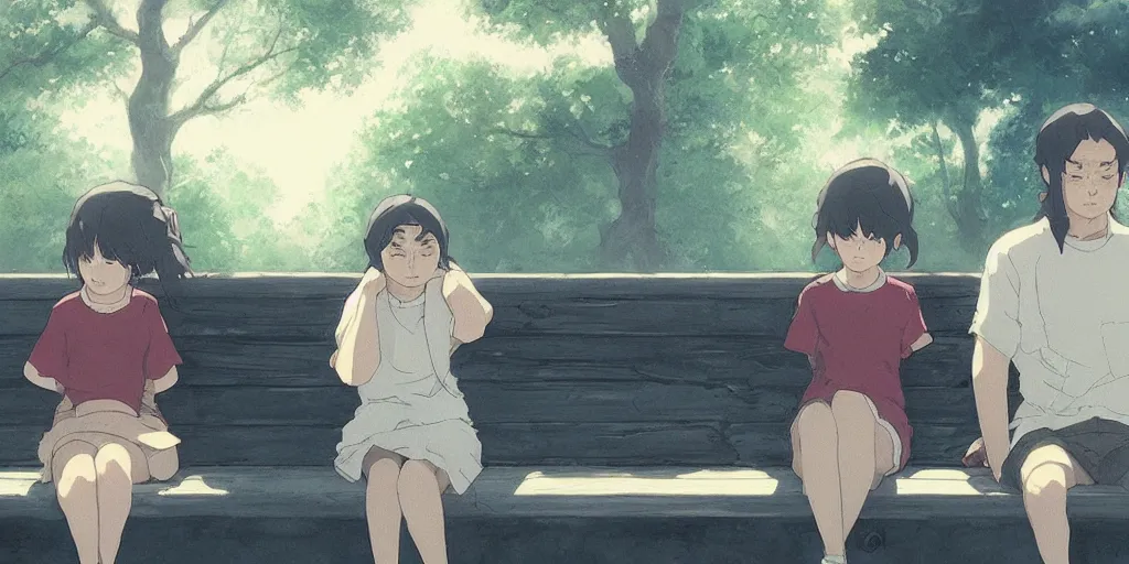 Prompt: a family with sorrow faces sitting on a bench, close up shot, anime art, Greg Rutkowski, studio ghibli, dramatic lighting