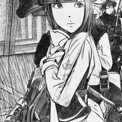 Image similar to manga style, black and white, thin line art, portrait of a girl, shoulder eyes, trench and sandbags in background, soldier clothing, military gear, short hair, hair down, symmetrical facial features, round face, paper sketch, detailed drawing, by ito junji, darrow geof, alphonse mucha, satoru sao