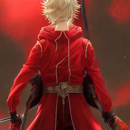 Prompt: a man in a red outfit holding a sword, a detailed painting by torii kiyomitsu, cgsociety, fantasy art, redshift, rich color palette, anime aesthetic