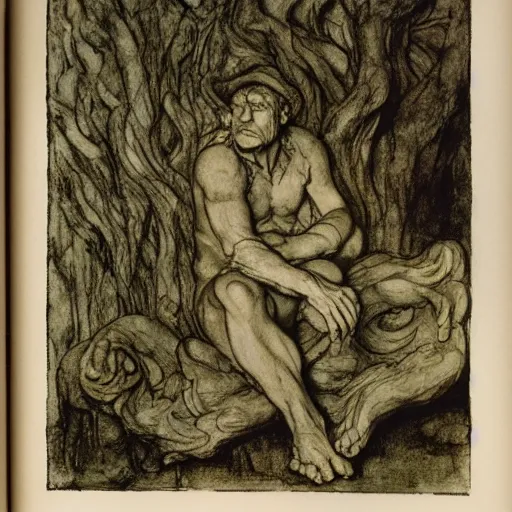 Image similar to toad The Thinker, swamp, by Auguste Rodin, by Irving Penn, illustrations by irish fairy tales james stephens arthur rackham, illustrations by Stephen Reid