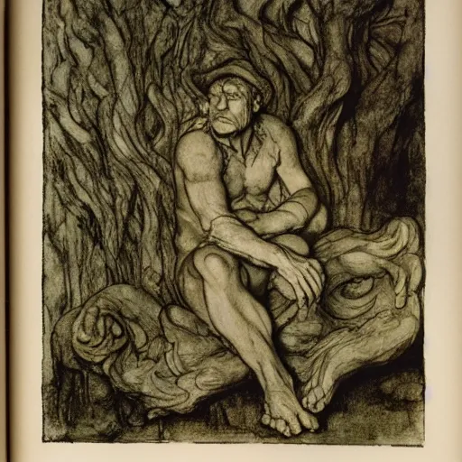 Prompt: toad The Thinker, swamp, by Auguste Rodin, by Irving Penn, illustrations by irish fairy tales james stephens arthur rackham, illustrations by Stephen Reid