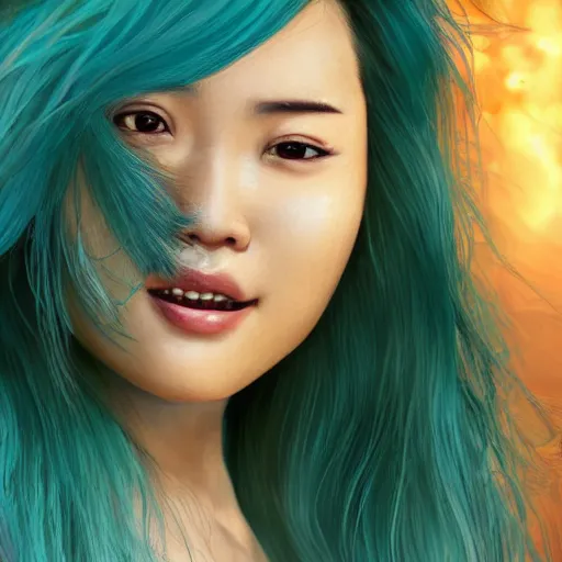 Prompt: A beautiful Asian actress with Turquoise hair smiling and taking a selfie inside the mouth of 'Jaws', diffuse lighting, fantasy, intricate, elegant, highly detailed, lifelike, photorealistic, digital painting, artstation, illustration, concept art, smooth, sharp focus, art by John Collier and Albert Aublet and Krenz Cushart and Artem Demura and Alphonse Mucha”