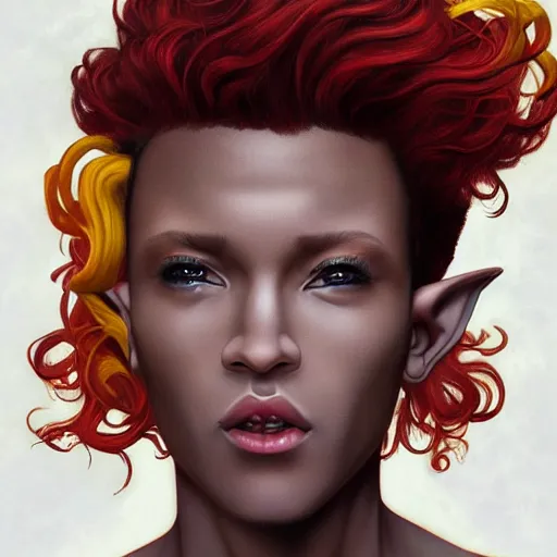 Prompt: a beautiful and androgynous half - elf with messy short red hair and dark skin tone and catlike features and yellow eyes with slit pupils, wearing a colorful men's suit, dnd character, realistic digital painting by kehinde wiley and ross tran and gerald brom and tasha beckwith and alphonse mucha, trending on artstation