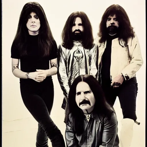 Prompt: black sabbath but all members are women, 1 9 7 0, band promo photo, genderswapped