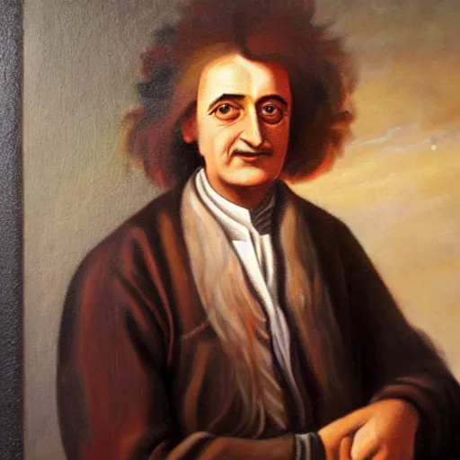 Image similar to oil painting portrait of the lovechild of Isaac Newton and Albert Einstein