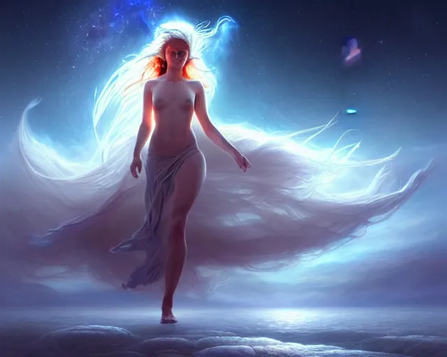 Image similar to a lone beautiful ethereal spirit running fast along the shimmering crystalline shores of eternity, universe and planets and stars in the sky, unusual surreal, gorgeous artwork by artgerm, rutkowski, wlop, detailed, dramatic lighting