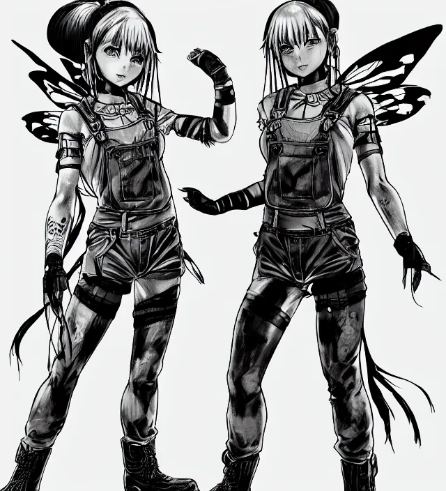 Image similar to full body pose, hd, manga anime portrait of a fairy girl in combat boots and overalls, ishikawa ken, frank miller, jim lee, alex ross style detailed trending award winning on flickr artstation,