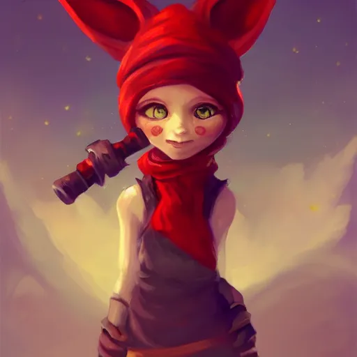 Image similar to Yordle Girl, cleric, red scarf, hatched pointed ears, Gold earring, headshot, concept art, illustration, beautiful, artgerm, trending on artstation, by Anato Finnstark and Randy Vargas