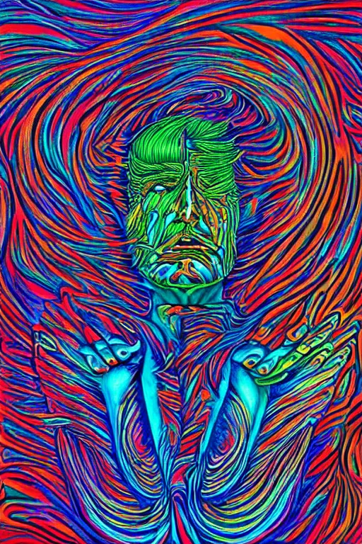 Image similar to psychedelic portrait of trump drinking ayahuasca in a wormhole, by alex gray, psychedelic