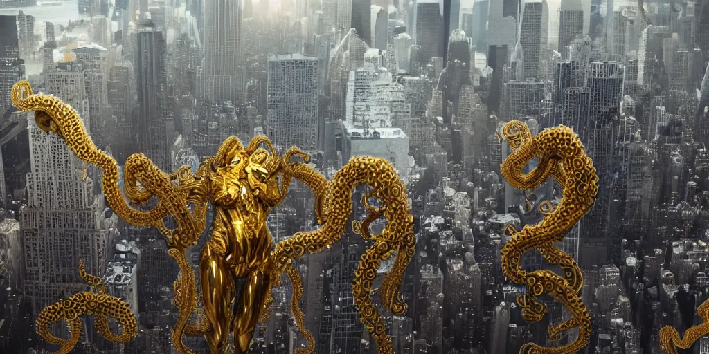 Prompt: a photo of 8 k ultra realistic corrupted lovecraftian golden humanoid queen standing above new york, 8 intricate white and gold tentacles, ornate white and gold armour, cinematic lighting, trending on artstation, 4 k, hyperrealistic, focused, extreme details, unreal engine 5, cinematic, masterpiece