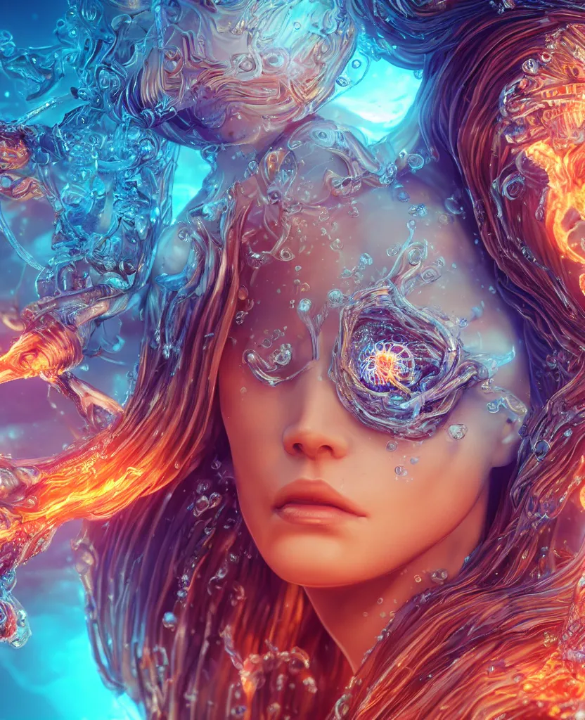 Image similar to close-up macro portrait of the face of a beautiful princess, epic angle and pose, symmetrical artwork, 3d with depth of field, blurred background, cybernetic jellyfish female face skull phoenix bird, translucent, nautilus, energy flows of water and fire. a highly detailed epic cinematic concept art CG render. made in Maya, Blender and Photoshop, octane render, excellent composition, cinematic dystopian brutalist atmosphere, dynamic dramatic cinematic lighting, aesthetic, very inspirational, arthouse. y Greg Rutkowski, Ilya Kuvshinov, WLOP, Stanley Artgerm Lau, Ruan Jia and Fenghua Zhong