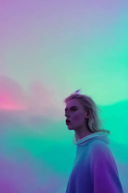 Image similar to high quality pastel coloured film close up photograph of a model in an icelandic black rock!! environment in a partially hazey dreamstate world. three point light, rainbow. photographic production. art directed. pastel colours. volumetric clouds. pastel gradient overlay. waves glitch artefacts. extreme facial silliness. 8 k. filmic.