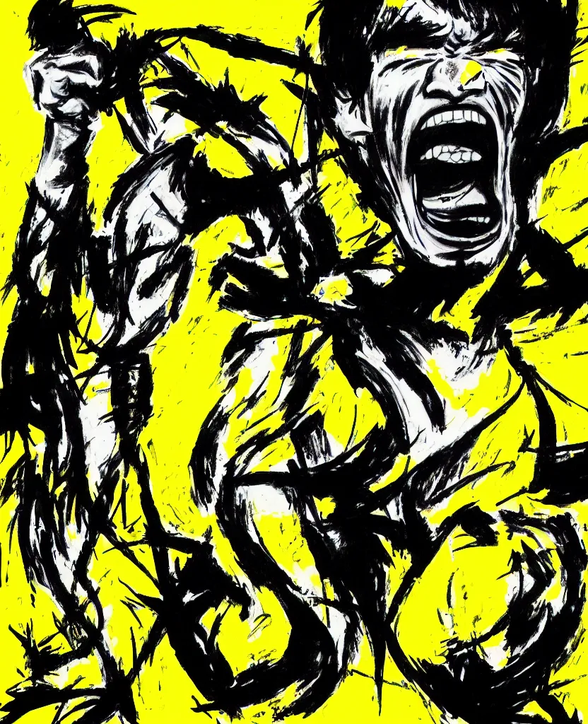 Image similar to a portrait of bruce lee screaming drawn with black and yellow permanent marker