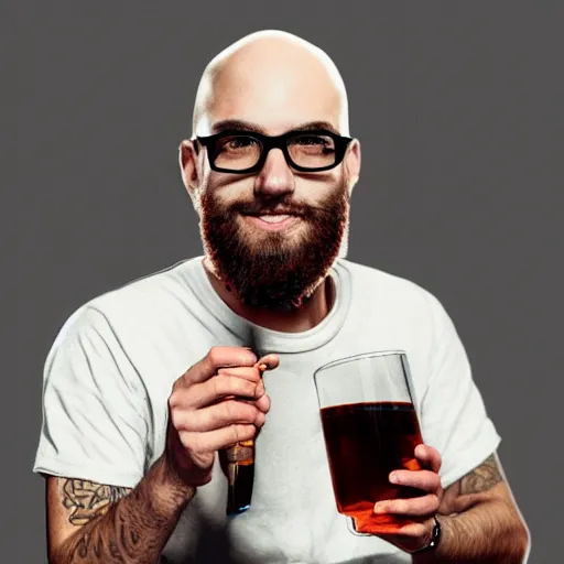 Prompt: portrait of a young, bald, bearded man, wearing glasses and a backwards hat, drinking a glass of whiskey, digital painting, highly detailed, trending on artstation