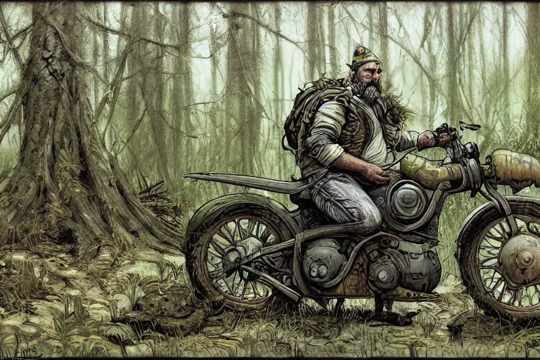 Image similar to a highly detailed garden gnome driving a forest camo motorcycle, overgrown, post apocalyptic road warrior style, wide angle, an ultrafine detailed painting by p. craig russell and barry windsor - smith, trending on deviantart, octane, masterpiece