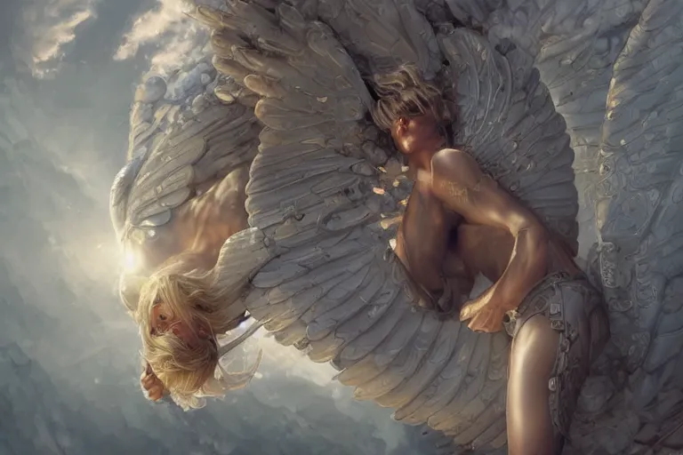 Prompt: Delicate blond male mechanical Angel dying on an anvil in the sun, 4k digital illustration by Artgerm, wlop, James Jean, Andrei Riabovitchev, Marc Simonetti, yoshitaka Amano, Artstation, CGsociety