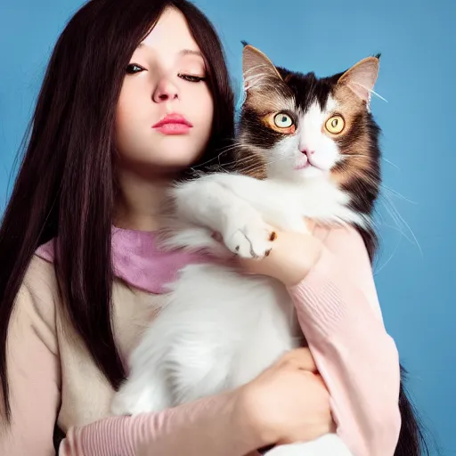 Prompt: a girl with long dark hair holding a cat in her arms, pexels contest winner, rasquache, high quality photo, rtx, hd, shiny eyes, a renaissance painting by sailor moon, anime, anime aesthetic