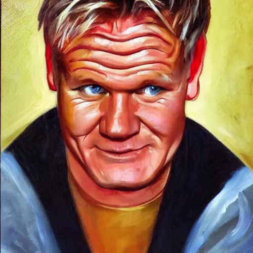 Prompt: Chef Gordon Ramsey with his head sandwiched, oil painting